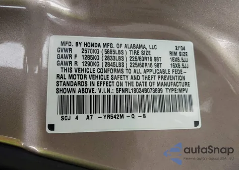 2004 Honda Odyssey Ex-L z USA, uszkodzony, nr VIN 5FNRL18034B073699